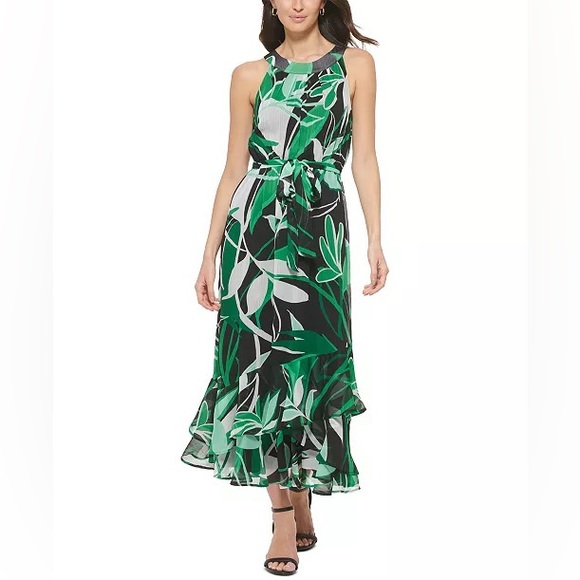 👗❤️👗 CALVIN KLEIN Printed Halter Chiffon Green/Black/White Maxi Dress size 10 - Picture 2 of 5